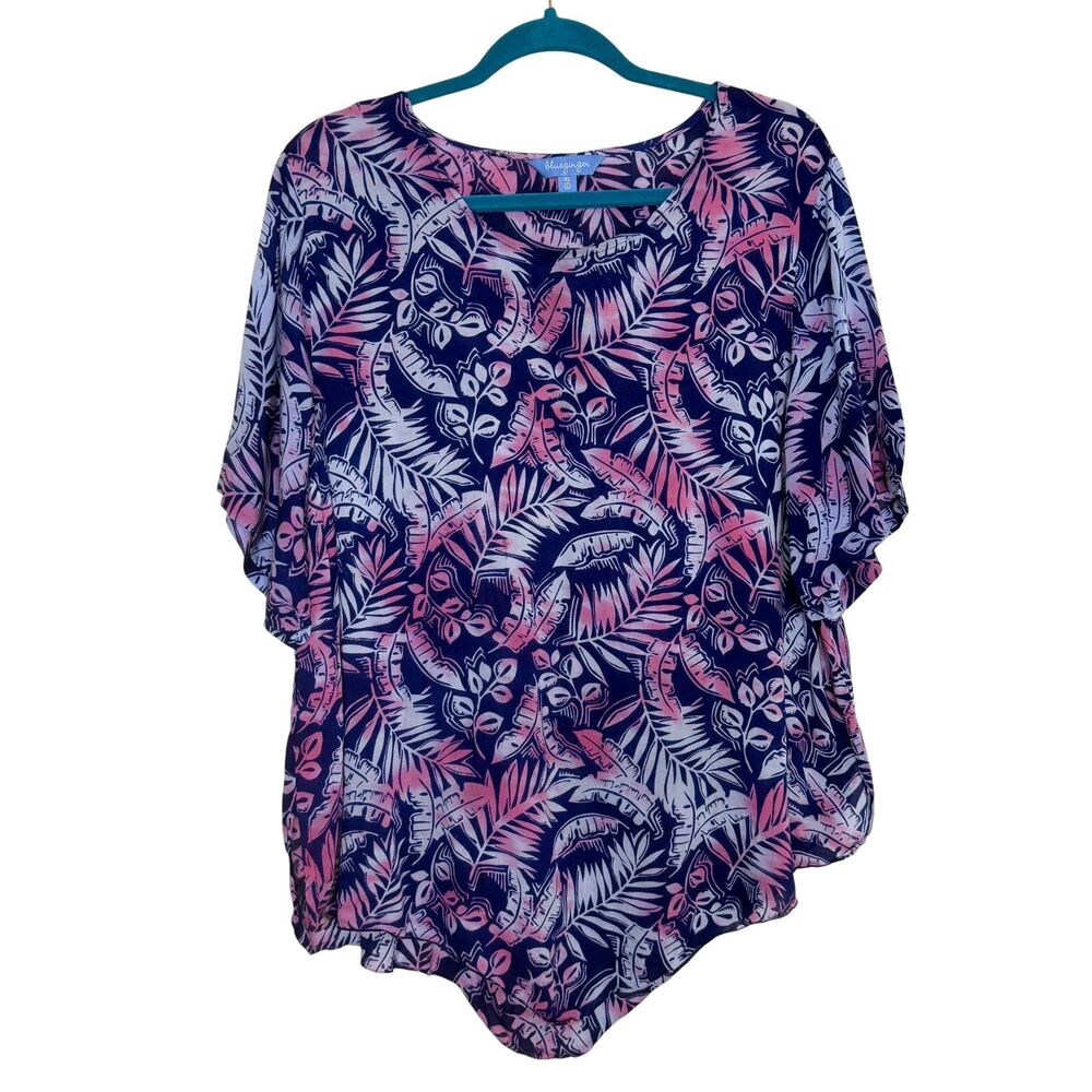 Blue Ginger Hawaiian Blouse Shirt Top Asymmetrical Palm Tie Dye Blue XL